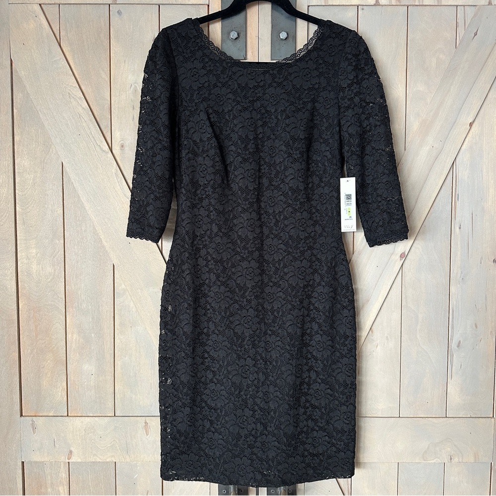 NWT Eliza J Women’s Black Lace Dress with 3/4 sleeve and Gold Zipper on Back Sz4